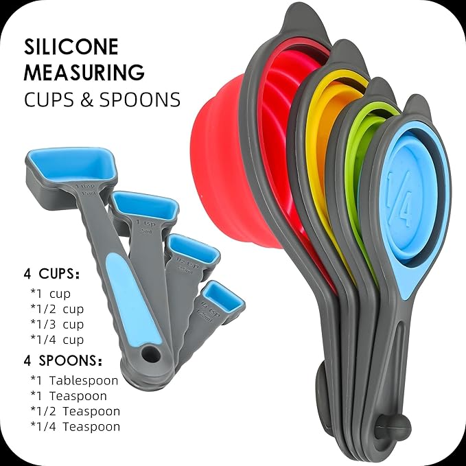 Collapsible Measuring Cups and Spoons Set,16 Pcs Portable Silicone Measuring Cups and Spoons for Liquid & Dry Measuring, Food Grade Silicone Measuring Tools Set, Yellow Green(Random Rainbow)