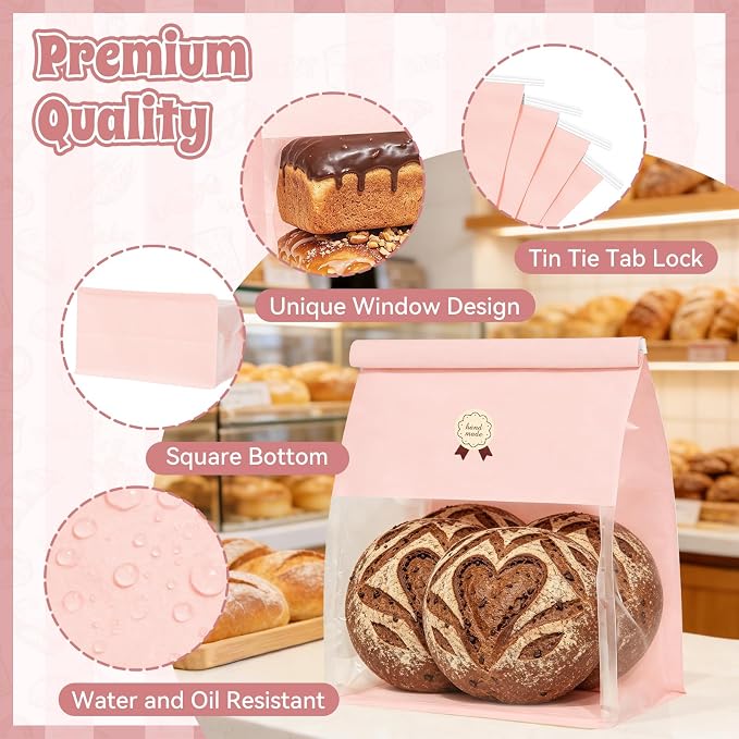 "Funcoo Paper Bread Bags with Tabs for Homemade Sourdough Bread, Pink Bakery Bread Bags with Window/Tin Tie Tab Lock, Large Bakery Loaf Bag for Baked Goods Packaging" (50, X-Large) - Image 3