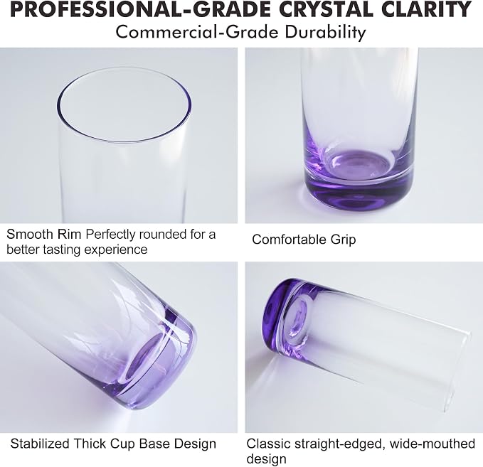 Purple Highball Glasses Set of 6, 13oz Drinking Glass Cups for Mixed Drink Cocktail, Beer, Mojito, Water and Juice,Thick Tall Crystal Glassware for Kitchen, Restaurant, Home Bar and Parties - Image 3