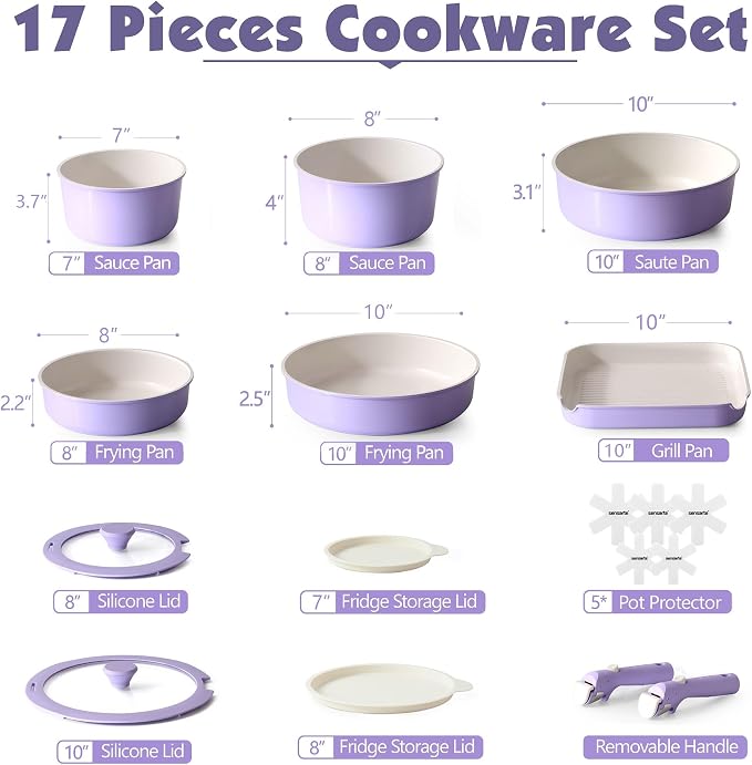 SENSARTE 17 Piece Ceramic Detachable Handle Pots and Pans Set Purple | Ceramic Cookware Set, Induction Cookware Set with Removable Handle, Healthy Non Stick for RV, Dishwasher ＆ Oven Safe - Image 2