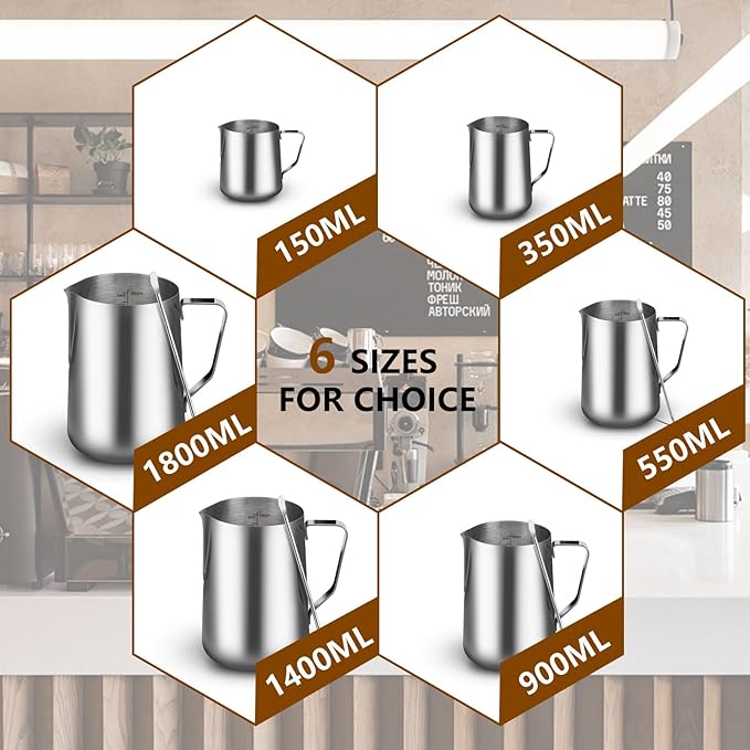 32oz Milk Frothing Pitcher with Latte Art Pen-Stainless Steel Steaming Jug for Espresso, Cappuccino & Coffee-Heat-Resistant, Dripless Spout, Measurement Scale, Dishwasher Safe (900ml/32oz)