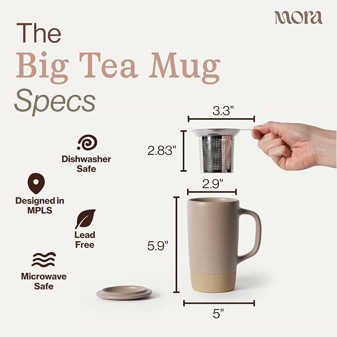 MORA Ceramics Large Tea Mug with Loose Leaf Infuser and Ceramic Lid, 18 oz, Portable, Microwave, Dishwasher Safe, Tall Coffee Cup - Rustic Matte Ceramic Glaze, Modern Herbal Tea Strainer, Mushroom - Image 2