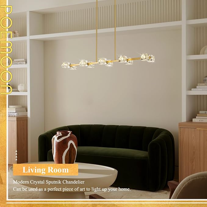 10 Lights Modern Crystal Chandelier L 43" Dining Room Gold Sputnik Ceiling Pendant Lights Industrial Hanging Light Fixture for Kitchen Island Over Table Living Room Bedroom - Image 4
