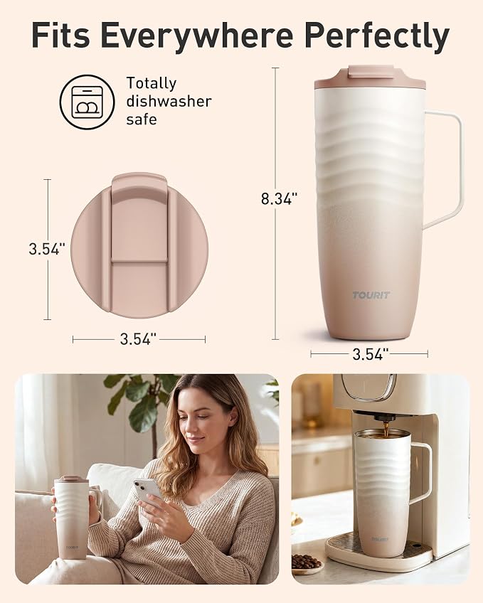TOURIT 20oz Insulated Coffee Mug with Handle, Leak-Proof Travel Tumbler | 20oz · Side Handle · Ripple Grip · 6h Hot/12h Cold · Leak-Proof · Silicone Base · 304 Steel - Image 7