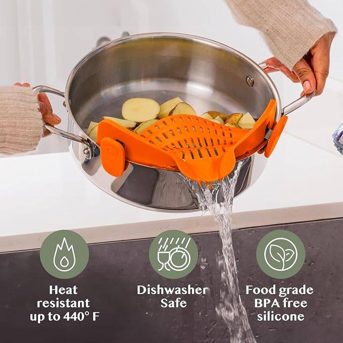 Kitchen Gizmo Snap N Strain Clip On Strainer for Pots and Pans - Adjustable Silicone Colander for Kitchen - Compact Clip-On Food Strainer for Draining Pasta and Vegetables - Orange - Image 5