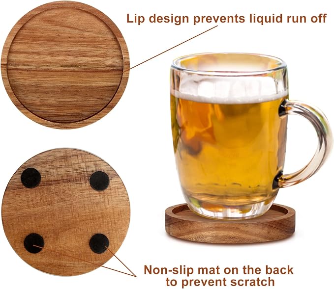 Wood Coasters Set of 4 Farmhouse Outdoor Coster for Drink Patio Table Decor | Cute Wooden Coaster with Holder Rustic Coffee Bar Accessories Kitchen and Dining Room Decoration Aesthetic Cool Cup Coasters - Image 4