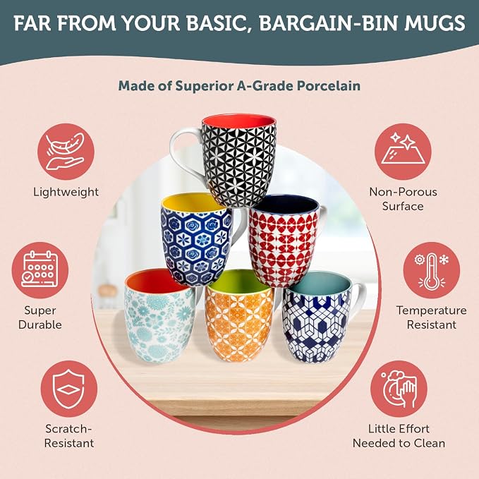 Annovero Large Coffee Mug Set of 6 - Porcelain Cups for Women or Men - Microwave & Dishwasher Safe, Chip Resistant, Zero Lead & Cadmium, for Tea, Cocoa, or Hot Chocolate, 16 Fluid Ounce Capacity - Image 5