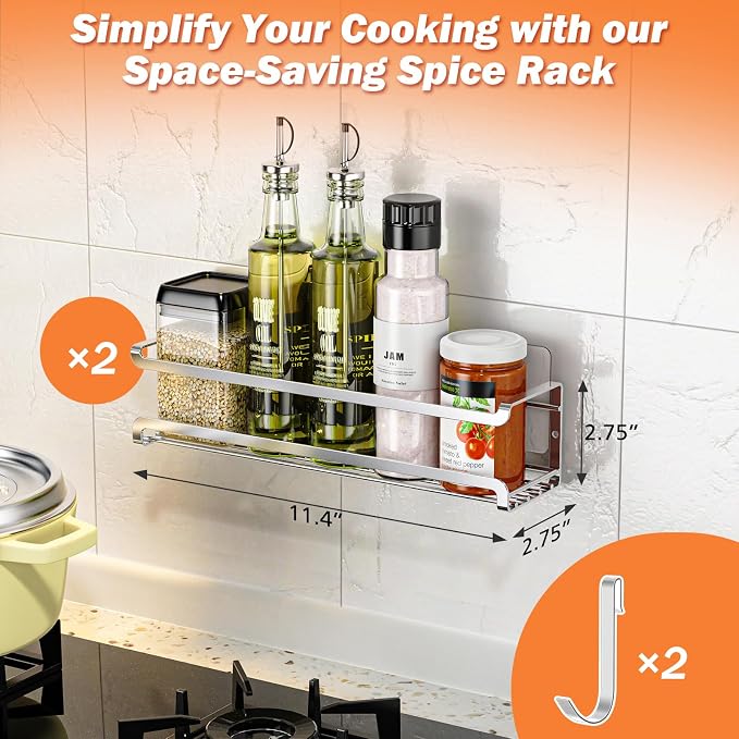 Bunoxea Spice Rack Wall Mounted 2 Pack, Silver,For Spice Jars & Seasonings | 2 Removalble Hooks,Screw or Adhesive Hanging, Space-Saving,For Kitchen Cabinet, Pantry Door,Stove,RV Use,11.41x2.75x2.75in - Image 2
