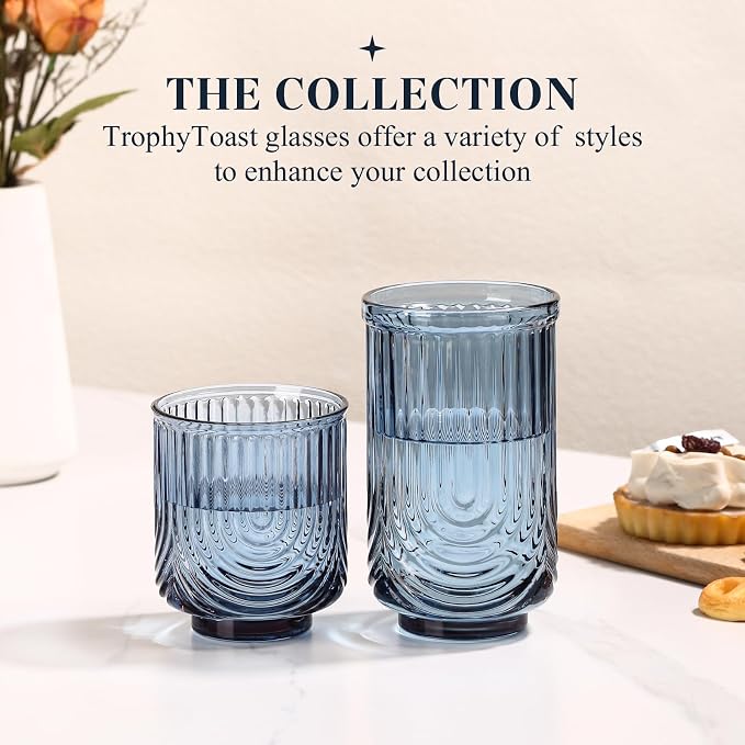 Blue Vintage Drinking Glasses Set of 6-17oz Hand-Blown Highball Ribbed Glassware, Arch Design Cocktail Glasses for Whiskey Water Beverages Ice Coffee Juice Milk - Image 6