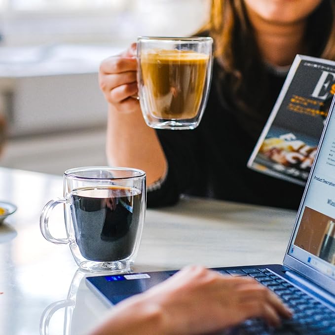 Double Wall Insulated Glass Coffee Mugs set of 4-13.5 oz Clear Hand Blown Glass Coffee Cups with Handle for Cappuccino, Latte,Espresso,Tea Bags,Americano,Beverages, Coffee Lovers Gifts