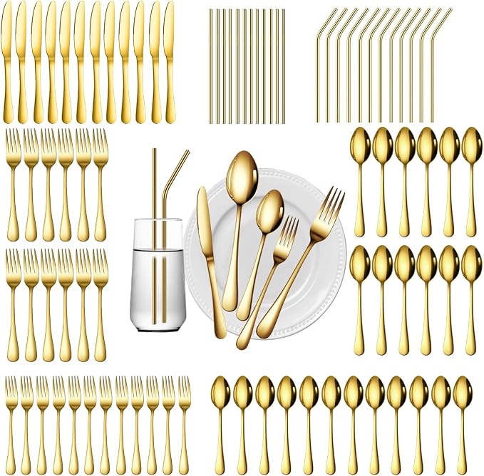 84 Pieces Gold Silverware Service for 12 Flatware Set Stainless Steel Utensils Cutlery Set Dishwasher Safe Flatware (Gold, 84) by Gutuwellea