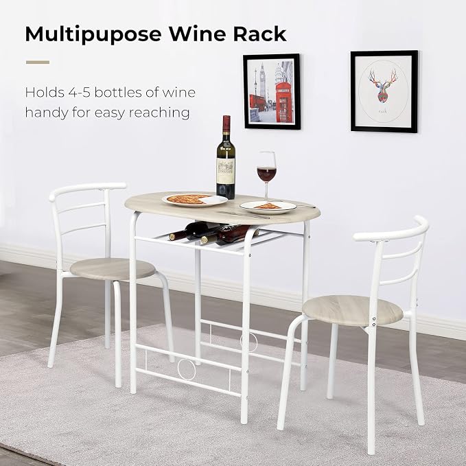 VINGLI 3 Piece Dining Set,Small Kitchen Table Set for 2,Breakfast Table Set,Kitchen Wooden Table and 2 Chairs for Small Space/Dining Room/Apartment,Metal Frame,Wine Rack,White&Light Oak - Image 4