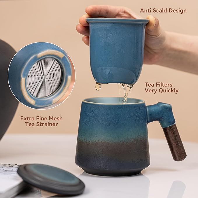 Ceramic Tea Mug with Infuser & Lid, 12.5oz Kiln-Transformed Unique Cup – Nature's Artisan Design, Loose Leaf Tea Cup with Infuser, Insulated Ceramic Coffee Mugs with Lid, Gift for Women/Men