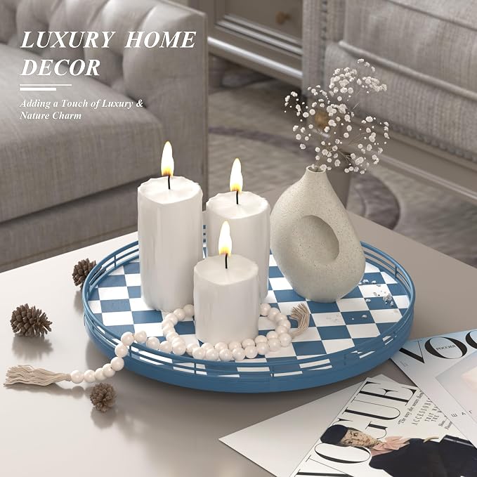 Blue and White Checkerboard Lazy Susan with Rubberwood Base and Metal Rail | Smooth rotating oak tray with walnut finish for dining tables, kitchen counters, pantries and cabinet storage. - Image 2