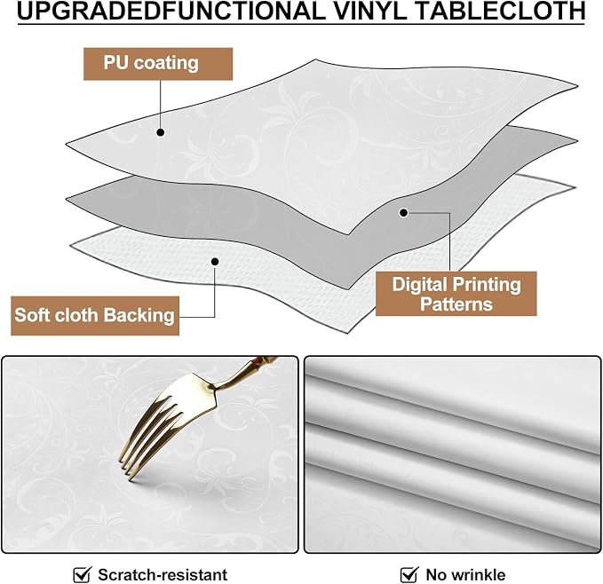 Smiry Rectangle Waterproof Heavy Duty Vinyl Tablecloths, 60 x 102 Inch | Wipeable Washable Floral Embossed Table Cover for Kitchen and Dining Room, Indoor & Outdoor Use, Pearl White - Image 6