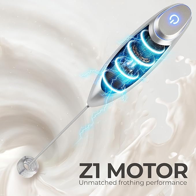 Zulay Kitchen Tornado Whisk Milk Frother with 4 AA Duracell Batteries - Triple Whisk for More Power - Handheld Coffee Frother with Stand - Drink Mixer for Lattes, Matcha & Protein Shakes