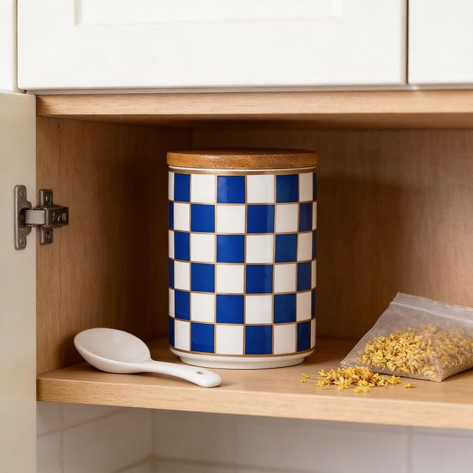 Kitchen Countertop Ceramic Checkered Canisters,Black And White Food Storage Containers With Lid,Airtight Kitchen Canisters for Flour, Sugar, Coffee, Tea, and Dry Goods (Blue, Small) - Image 6