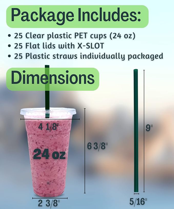 Cappatua 24 oz Clear Plastic Cups with Lids and STRAWS, Disposable Drinking Cups for Cold Drinks, Iced Coffee, Milkshakes, Smoothies, 25 Sets - Image 3