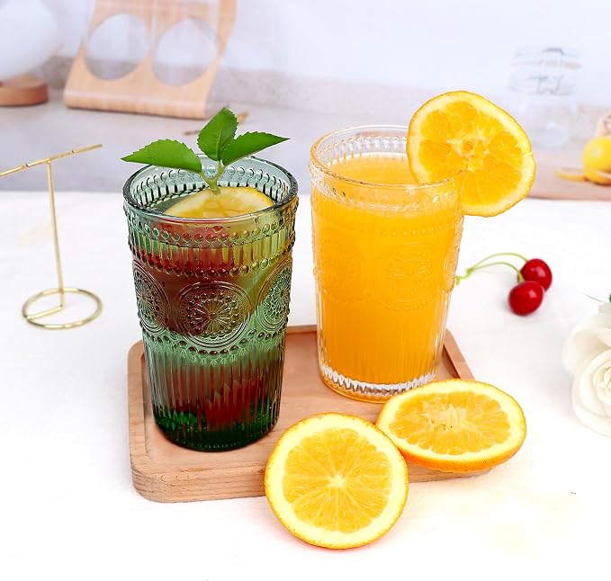 Loivttvv 6pcs Vintage Drinking Glasses Set, 12 oz Dark Green Highball Glasses, Embossed Ribbed Glassware Cups for Cocktail, Water, Juice, Coffee, Whiskey - Image 8