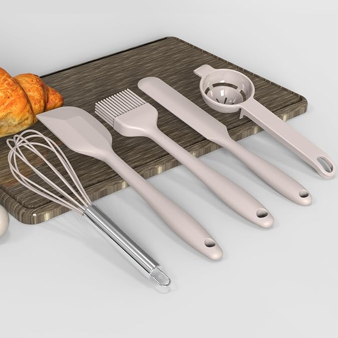 oannao Large Silicone Cooking Utensils Set - Heat Resistant Kitchen Utensils,Turner Tongs,Spatula,Spoon,Brush,Whisk,Stainless Steel Cooking Tool for Nonstick Cookware,Dishwasher Safe (Khaki) - Image 5