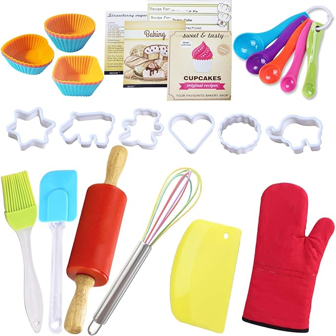 IELEK Real Baking Set Pastry Cooking Kit Supplies Includes Apron,Chef Hat,Oven Mitt,Rolling Pin,Real Baking Tools and Recipes Great Gift for Curious Beginners