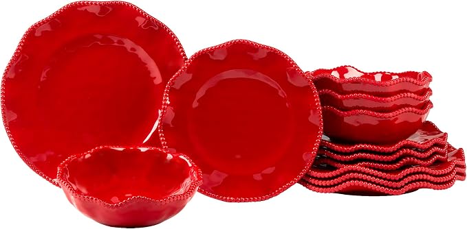 Perlette Red Melamine Dinnerware Set – 12-Piece Scalloped Plates & Bowls, Vibrant Glossy Finish, Elegant Beaded Rim, Durable & Lightweight – Service for 4, Indoor/Outdoor Use by CERTIFIEDINTERNATIONAL