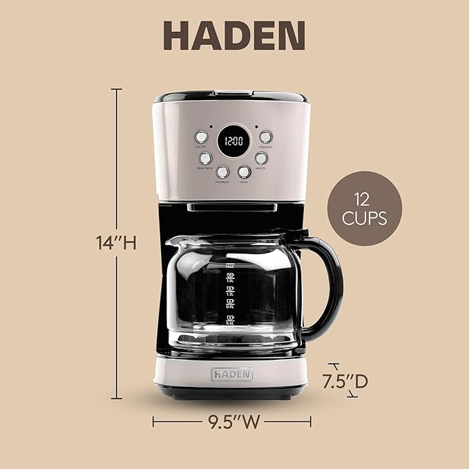 HADEN 12-Cup Programmable Coffee Maker for Home or Office, Putty & Chrome – Drip Brewer Machine with Brew Strength, Delay Brewing, Auto Shut-Off and Reusable Washable Water Filter - Image 4