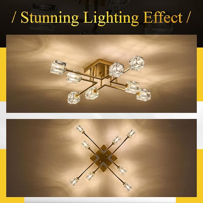 8-Light Gold Sputnik Chandeliers Modern Crystal Semi Flush Mount Ceiling Light Fixture L 31.5" Industrial Chandelier for Living Room Dining Room Foyer Entryway Kitchen Bedroom - Image 6