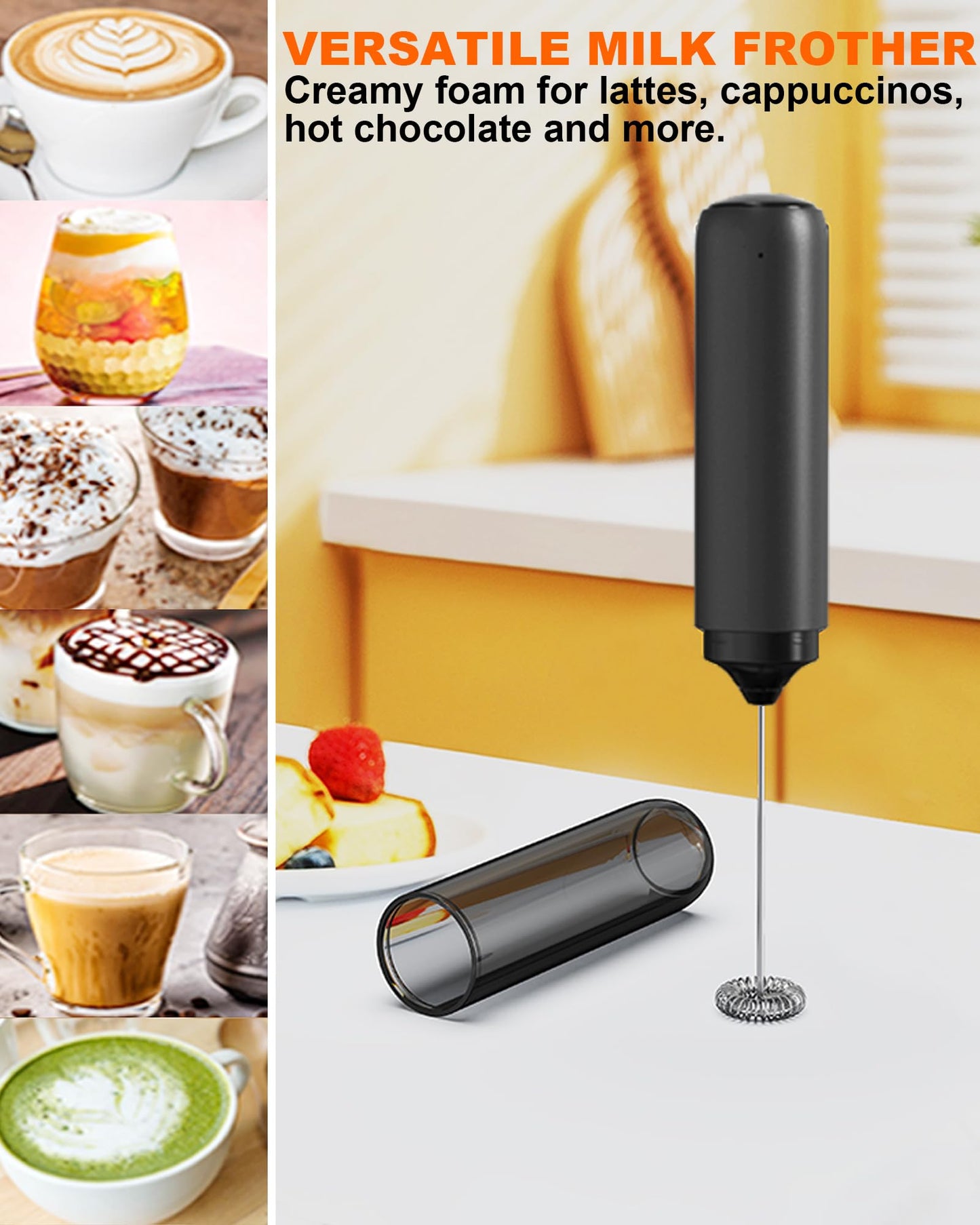 Rechargeable 3-Speed Milk Frother Wand (Black)
