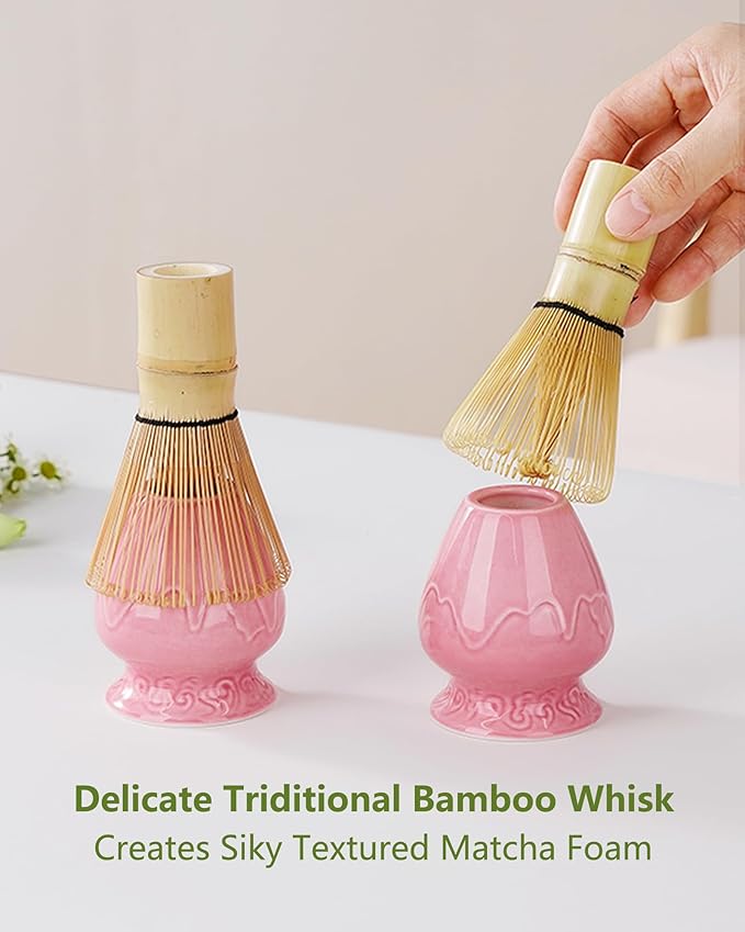 ZENS 7pcs Matcha Set, Matcha Whisk Set Includes Pink Bowl and Cup for Bamboo Whisk, (Chasen Holder), Scoop, 304 Sifter and Tea Mat, Pink Matcha Kit for Matcha Lovers
