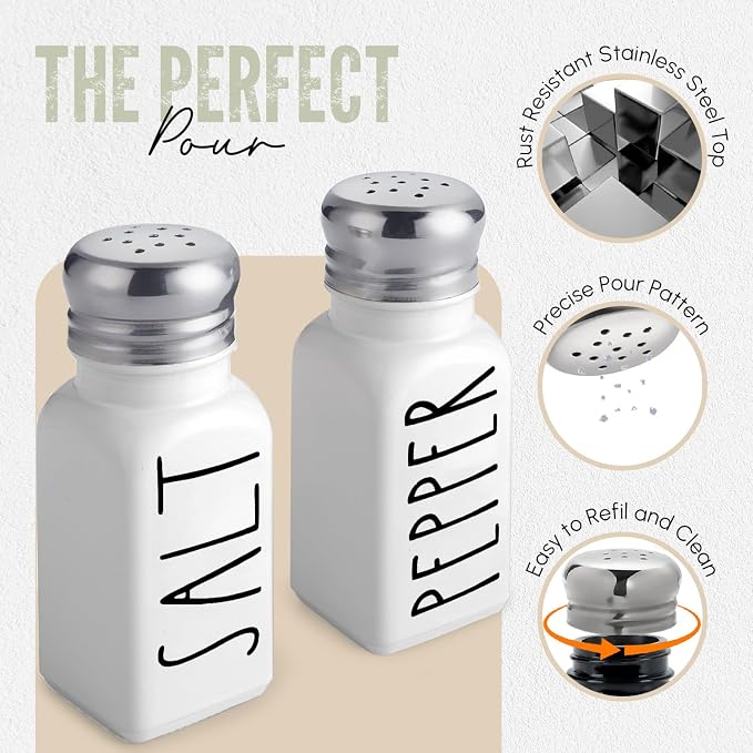 White Salt and Pepper Shakers Set by Brighter Barns - Neutral Minimalist Kitchen Decor - Modern Farmhouse Kitchen Decor - Cute Glass Shakers for Home Restaurants Weddings & Stainless Steel Lid (White) - Image 2