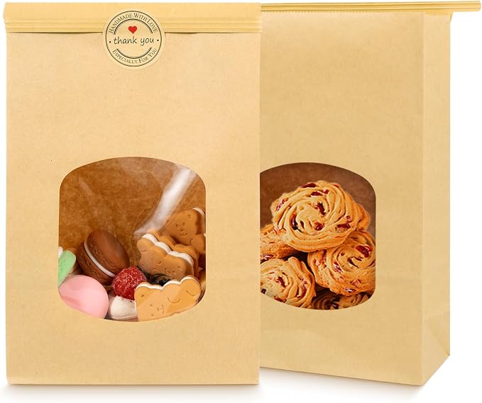 9.6x6.1x2.7” Bakery Bags with Window 30 Pieces Brown Bakery Bags Kraft Paper Bags Tin Tie Tab Lock Bags for Cookies with Free Stickers by Bakbania