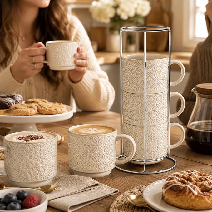 6 Oz Coffee Cups Set of 4, Espresso Cups with Stand, Stackable Cappuccino Mugs Set, Embossed Coffee Cup for Latte, Tea, Cocoa, Mocha, Housewarming Present, Dishwasher Safe - Image 6