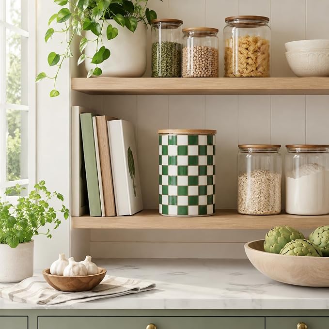 Kitchen Countertop Ceramic Checkered Canisters,Black And White Food Storage Containers With Lid,Airtight Kitchen Canisters for Flour, Sugar, Coffee, Tea, and Dry Goods (Green, XL) - Image 9