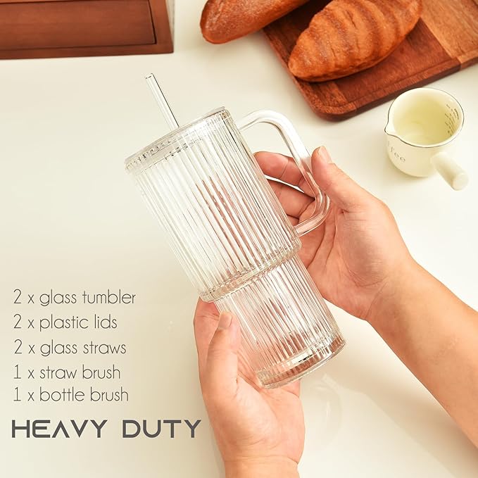 ALINK 26 oz Ribbed Glass Tumbler with Handle Lid and Straw, 2 Pack Ripple Large Iced Coffee Cups with Straws, Aesthetic Glass Travel Tumbler for Hot & Cold Beverages, Smoothies, Tea and Juice - Clear