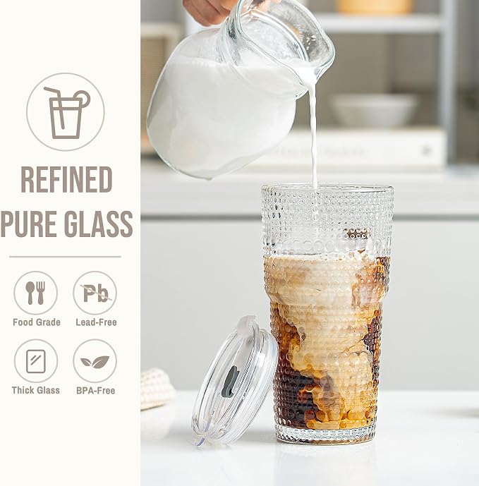 SoulTimes 20oz Hobnail Glass Tumbler with Bamboo Lids and Straws - Iced Coffee Glass Cups for Smoothie, Matcha, Juice, Water etc. Leakproof and Reusable Glassware Drinking for Travel To Go [4 Pcs] - Image 4