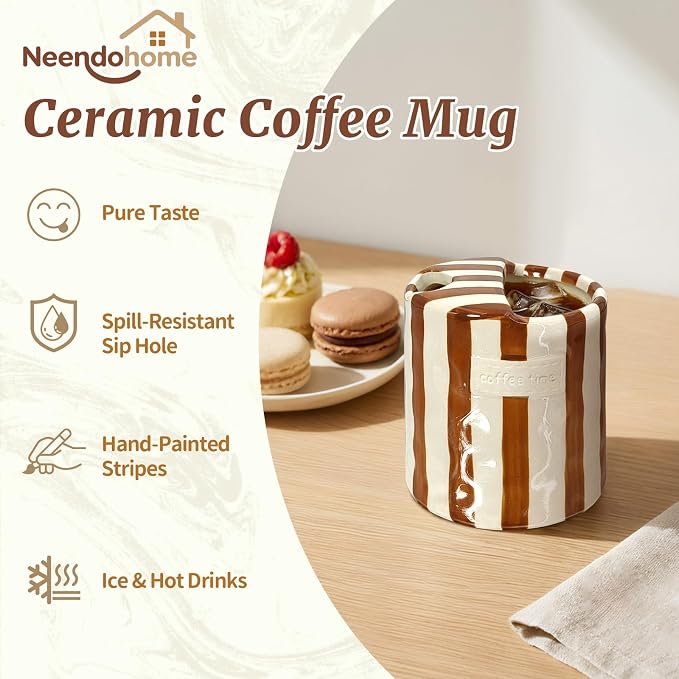 10 oz Ceramic Coffee Mug with Sip Hole & Silicone Sleeve, Brown | Cute Hand-Painted Striped Porcelain, Gift for Coffee Lover, Cold & Hot Drinks, Microwave & Dishwasher Safe - Image 2