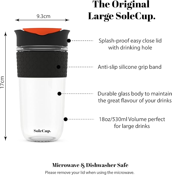Large Travel Mug - Reusable Insulated Coffee Mug - 18oz/530ml BPA-Free Hot Drink Travel Mug with Lid & Silicone Band (Black, 18oz)