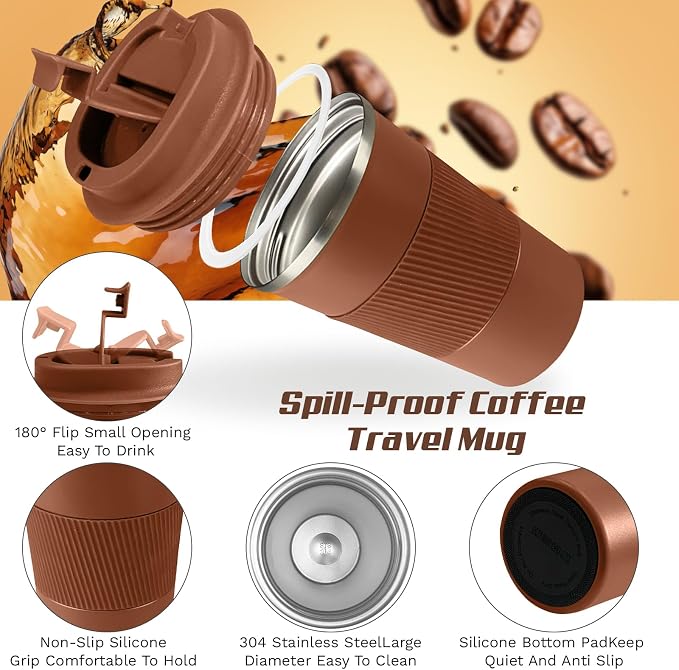 Vacuum Insulated Stainless Steel Travel Coffee Mug,Leak Proof Cup with Lid | 304 stainless steel mug with vacuum insulation, leak proof lid, silicone grip and car cup holder friendly design - Image 3