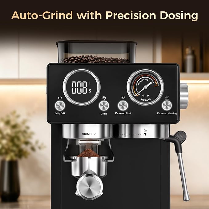 CHULUX Nero 20Bar Espresso Machine with Conical Burr Grinder for Cappuccino | Hot and Iced Espresso, 4-in-1 Brewing Function, Real-Time Pressure and Temp, Steam Wand for Microfoam, Home Barista Brewing - Image 3