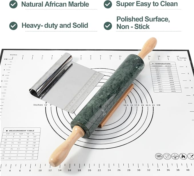 Indian Natural Marble Rolling Pin, Non-Stick Polished Dough Roller, Pasta, Dumpling, Fondant, Pie Crust, Bread, Pizza Dough, Kitchen Baking Pastry Tools with Mat/Scraper(Indian Green) - Image 3