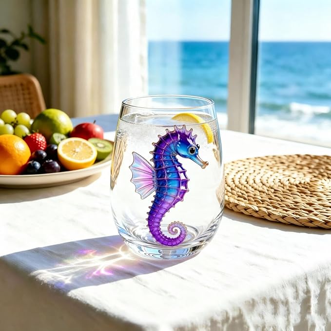 Artisanal Blue Ringed Glassware Octopuses Stemless Wine Glasses Marine Animal Bar Glass Coastal Home For Lovers (Clear1, A) - Image 3