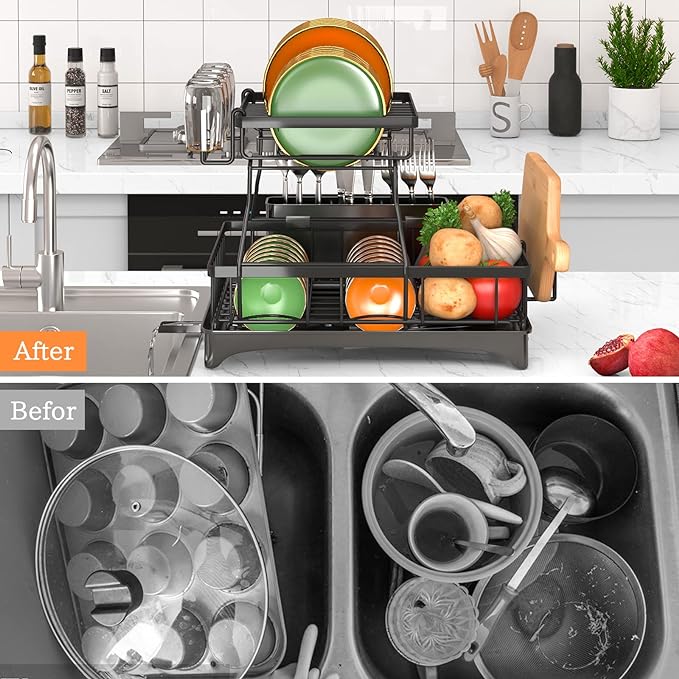 Godboat 2-Tier Dish Drying Rack - Dish Rack with Auto Drain-to-Sink & Mat | Dish Racks for Kitchen Counter, Dish Drainer with Knife Fork & Cup Rack, Gifts for Women, Mothers Day, Kitchen Gadgets, Black - Image 3