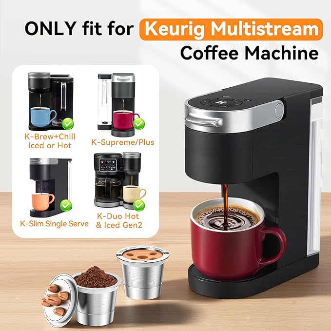 CAPMESSO Reusable K Cups for keurig: Stainless Steel 5-Hole Coffee Pods - Refillable Kcup Coffee Filters Compatible with Keurig K Supreme/K Slim/K-Duo Gen 2 with MultiStream Technology (4 Pack)