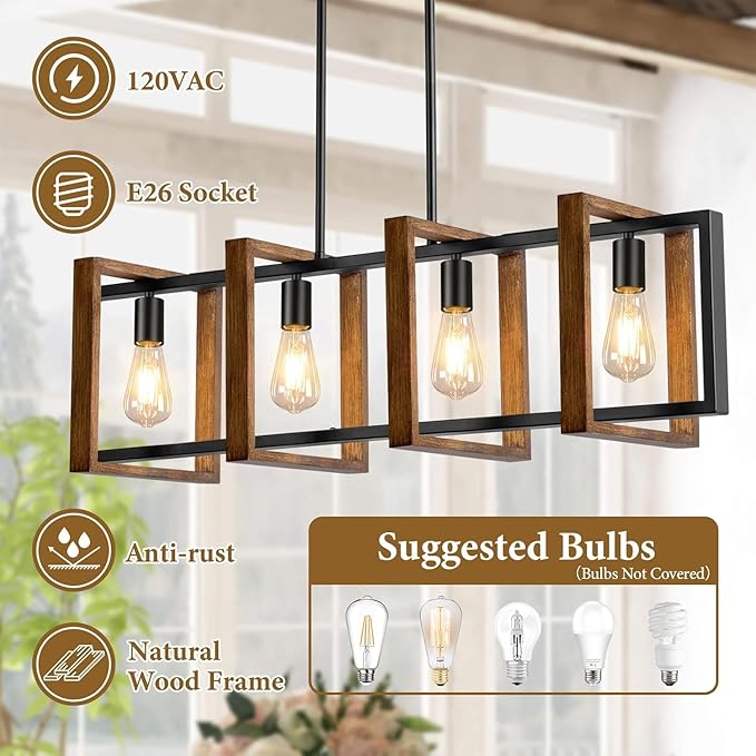 4 Lights Dining Room Light Fixture, Farmhouse Kitchen Island Lighting Wood and Black Metal Rectangular Hanging Chandelier for Ceiling Living Room, Modern Rustic Pendant Lighting Fixture Over Table - Image 2
