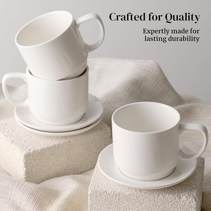 DOWAN 12oz Coffee Mugs, Cappuccino Cup and Saucer Set of 4, White Ceramic Coffee Cups for Latte/Tea/Milk, Tea Cups for Use in Office, Home and Cafes, Microwave Safe - Image 8