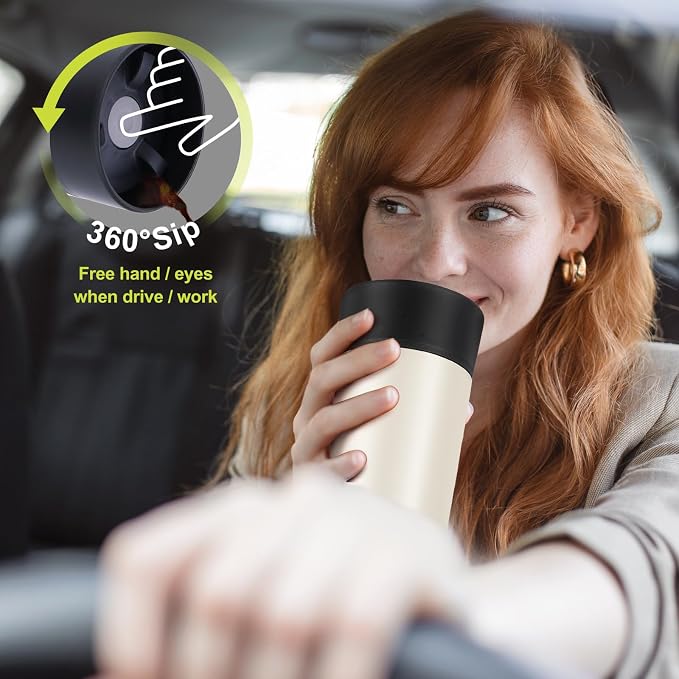 Travel Coffee Mug with 360°Lid, Travel Coffee Tumbler 12 oz Leak Proof, Stainless Steel Insulated Travel Mugs for Hot and Cold Spill Proof Leak Proof(Beige) - Image 2
