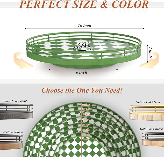 Green and White Checkerboard Lazy Susan with Rubberwood Base and Metal Rail | Smooth rotating oak tray with walnut finish for dining tables, kitchen counters, pantries and cabinet storage. - Image 6