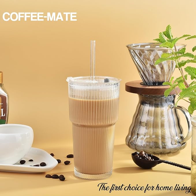 Haundry 20 oz Ribbed Glass Tumbler with Lids and Straws, 2 Pack Iced Coffee Cups, Thickened Glassware Set, Ripple Design Glass Cups for Coffee, Soda, Smoothies, Cocktails and Juice