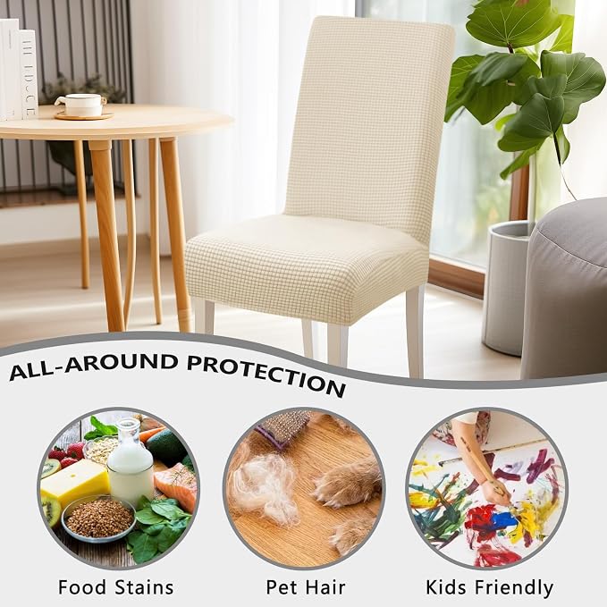 Dining Room Chair Covers,Chair Covers Set of 6, Soft And Stretchy,Cat Scratch Protection, Jacquard Fabric, Cream White, Regular Size, Dining Chair Cover Banquet Wedding, Kitchen, Hotel, Celebration - Image 3